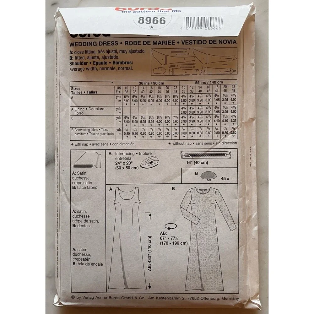 Burda Pattern 8966 Women's Wedding‎ Dress Size 10-12-14-16-18-20-22 Uncut FF